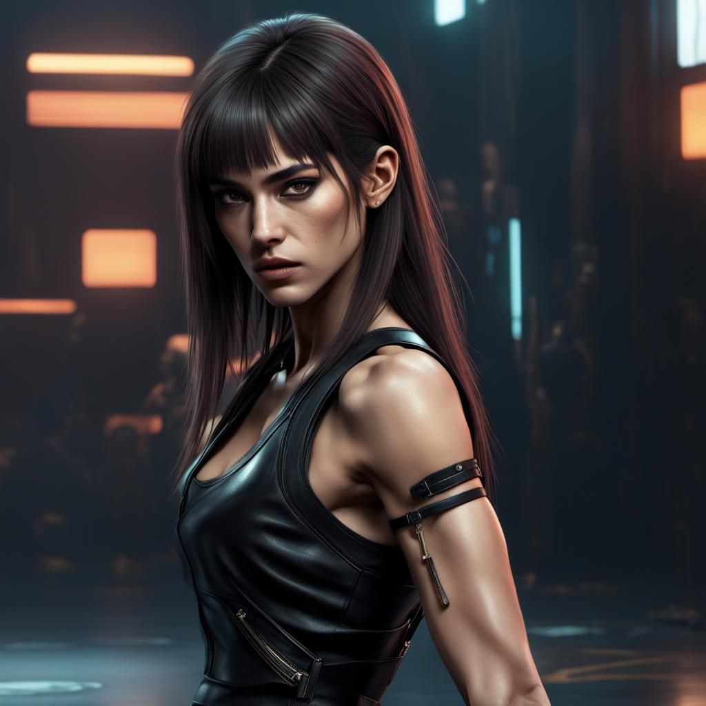 Young girl, tall, thin, athletic, sassy, discontented, looks like Sofia Boutella, sharp thin facial features, brown long...