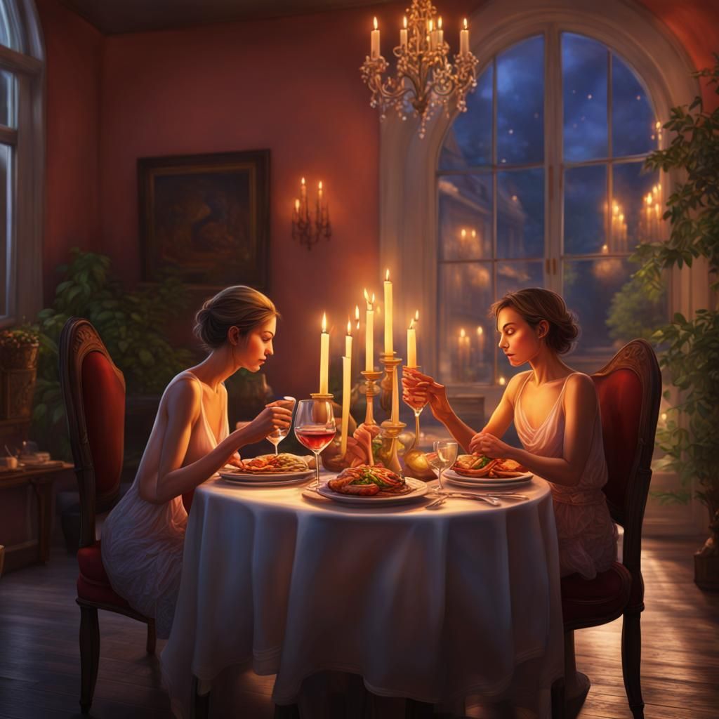 Romantic Candlelit Dinner in Hyperrealistic Splash Art