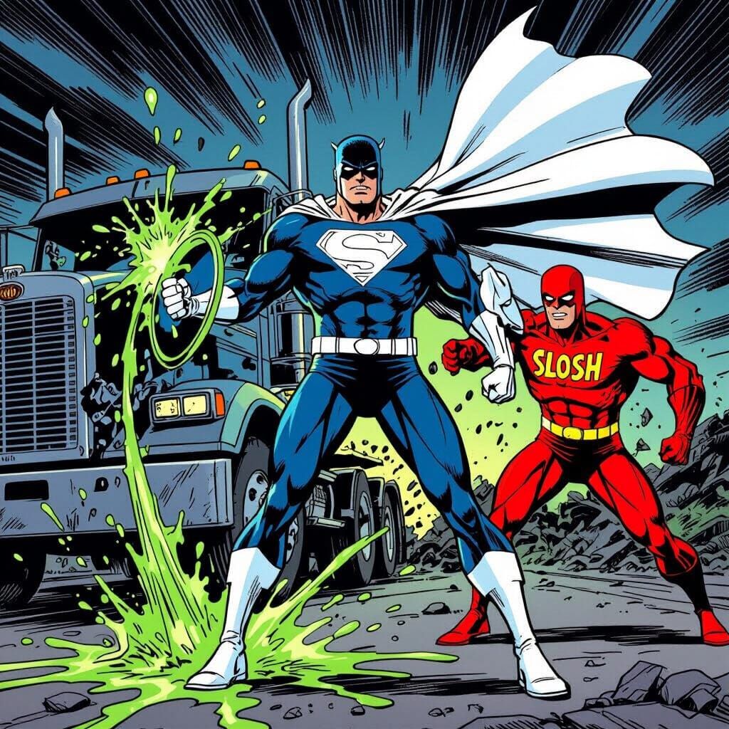 Hero Deflects Green Liquid With Shield in Comic Style