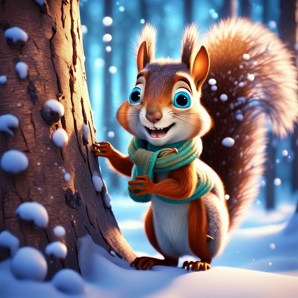 Surprised Squirrel with Nut in Winter Forest