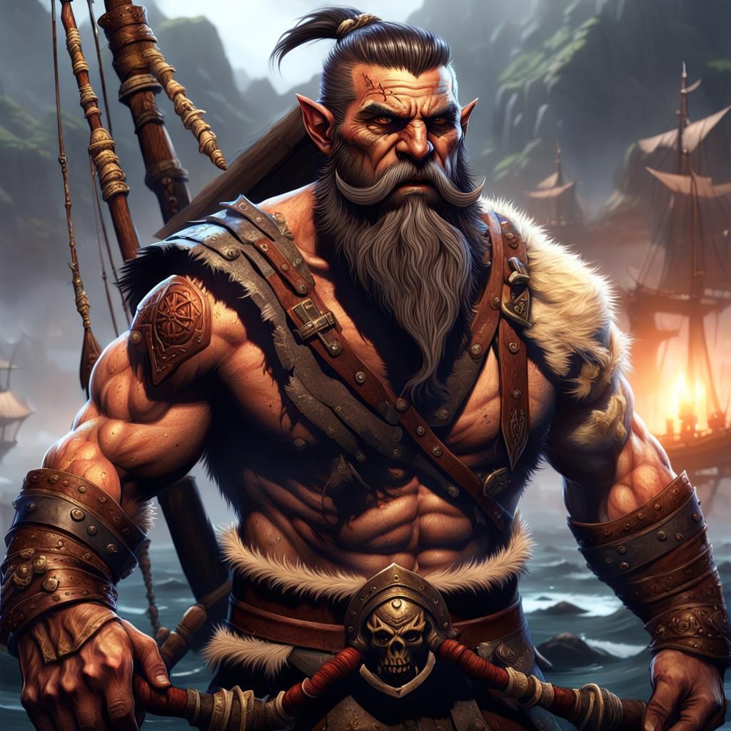 Half-Orc Barbarian Sailor in Detailed Matte Painting