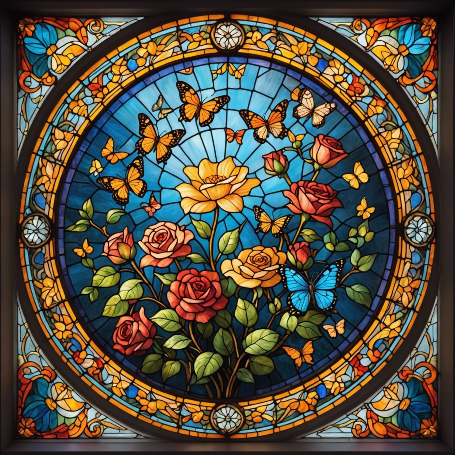 Photorealistic Stained Glass Rosette with Flowers