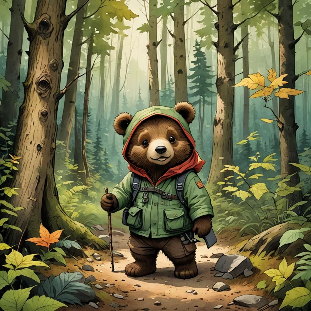 Whimsical Cartoon Bear Hiking in Colorful Woods