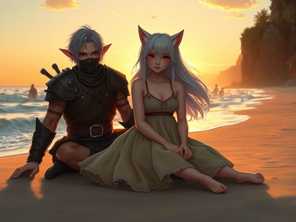 Whimsical Beach Scene of Cat Girl and Elven Guardian