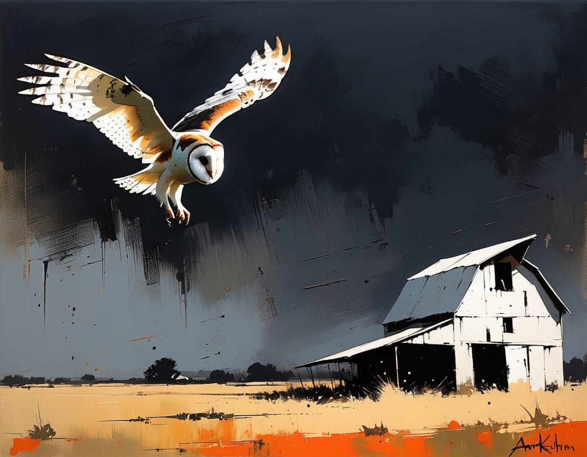 Ominous Barn Owl Flight in Chiaroscuro Style