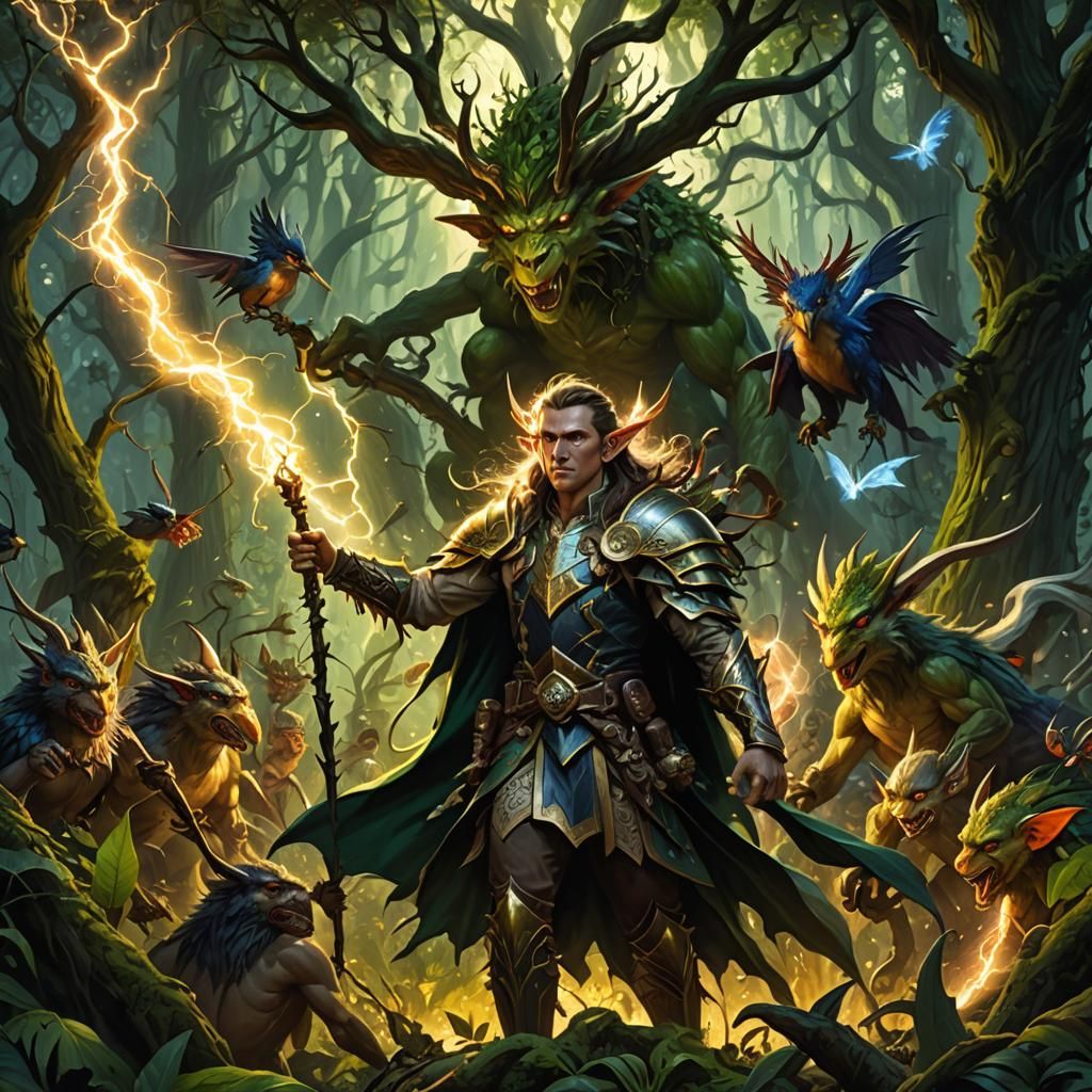 Elf Druid Summons Lightning in Steampunk Illustration