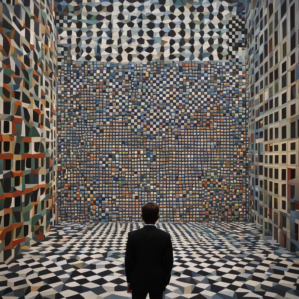 Elf Gazing at a Victor Vasarely-Inspired Painting
