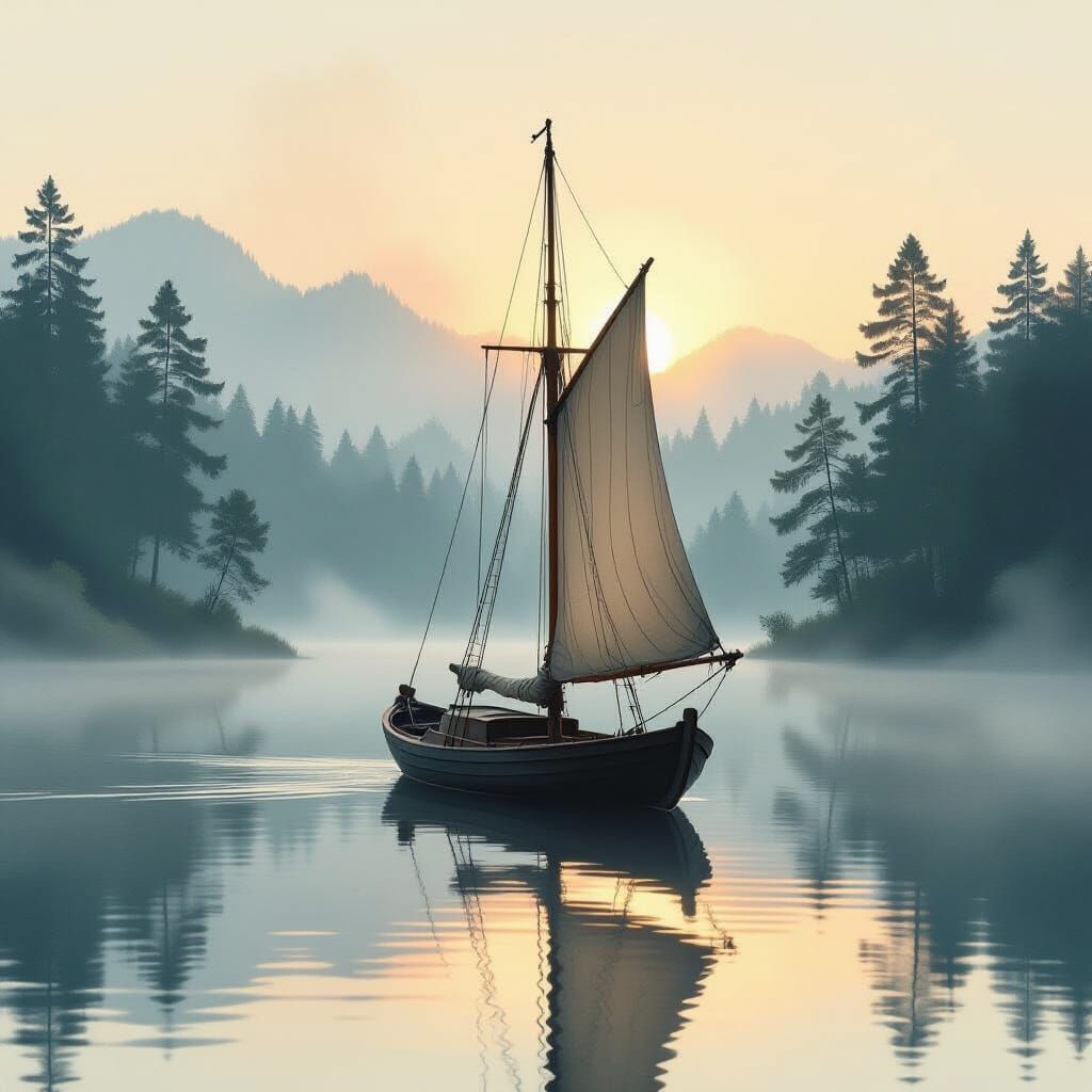 Antique Sailboat on Mist Lake at Dawn in Vintage Illustratio...