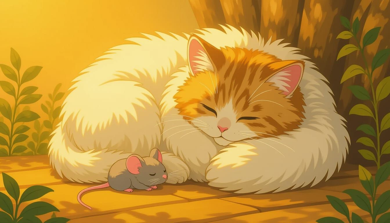 Fluffy Cat Nests Beside Tiny Sleeping Mouse in Golden Light