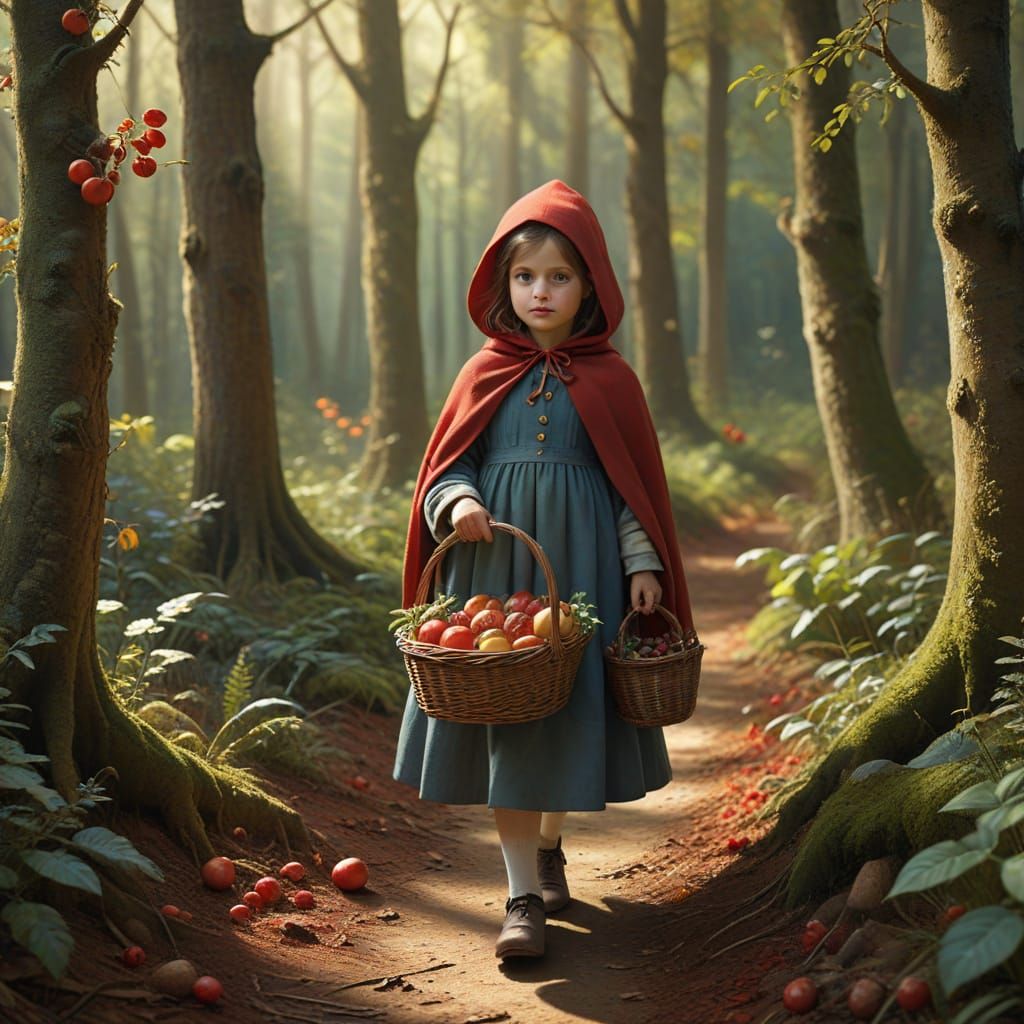 Girl in Red Hood in Forest, Beatrix Potter Style
