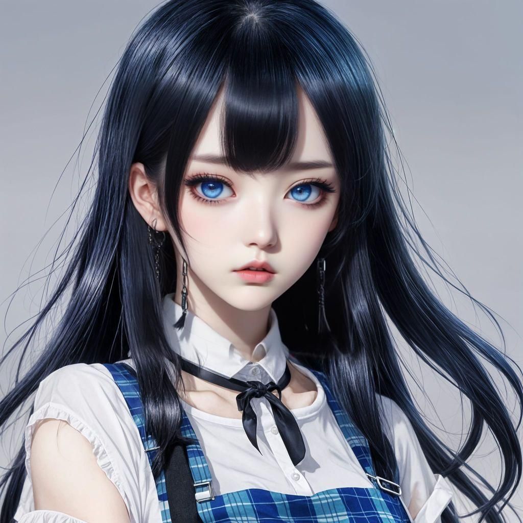 Gothic Anime Girl in Plaid Skirt, Cel-Shaded Style