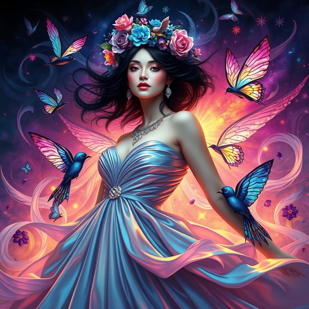 Regal Woman in Iridescent Gown with Vibrant Psychedelic Flow...