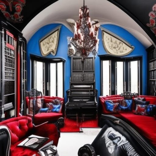 Melancholy gothic Edgar Allan Poe inspired penthouse with bl...