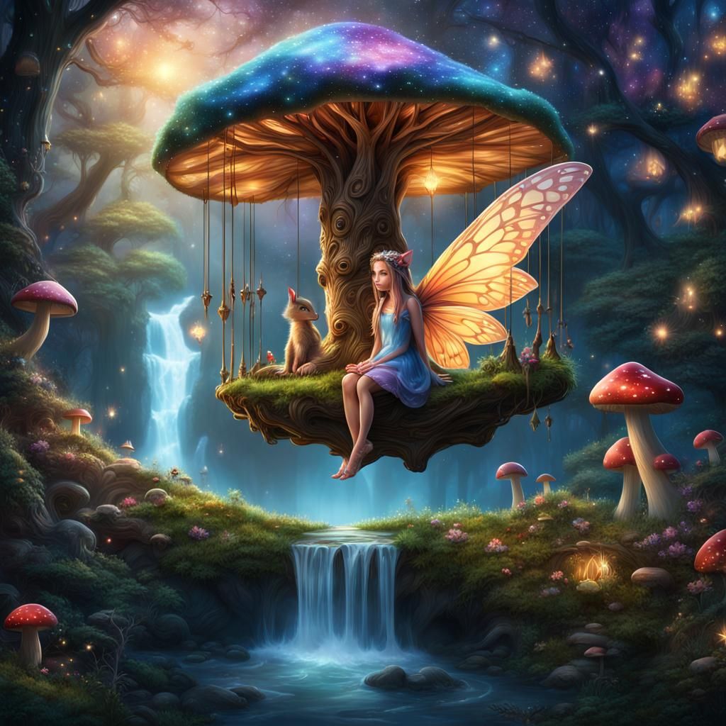 Fairy in Galaxy Mushroom Forest Digital Painting