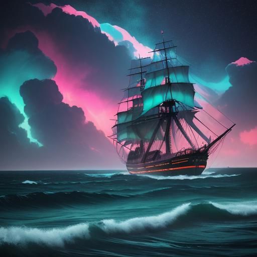 **Main Prompt:** A towering pirate ship with sails glowing l...