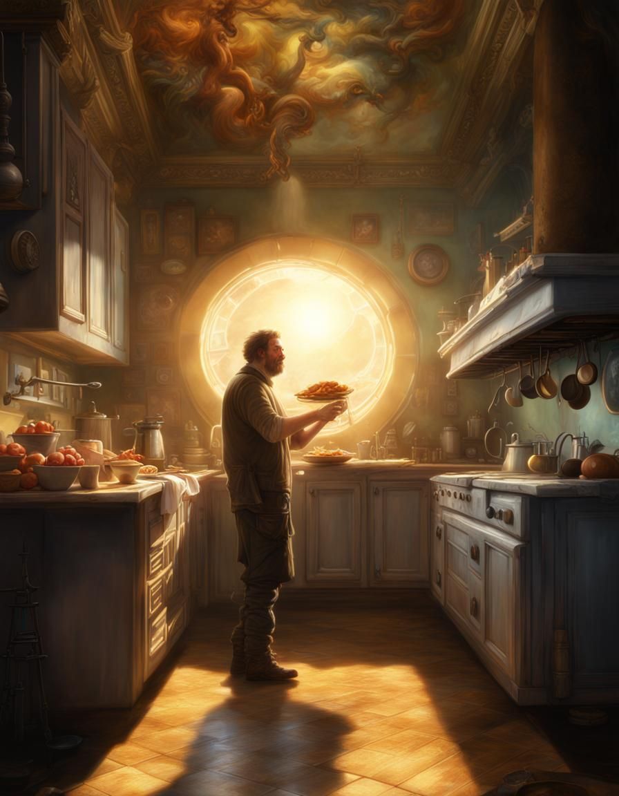 Dramatic Kitchen Scene with Sun Halo Effect