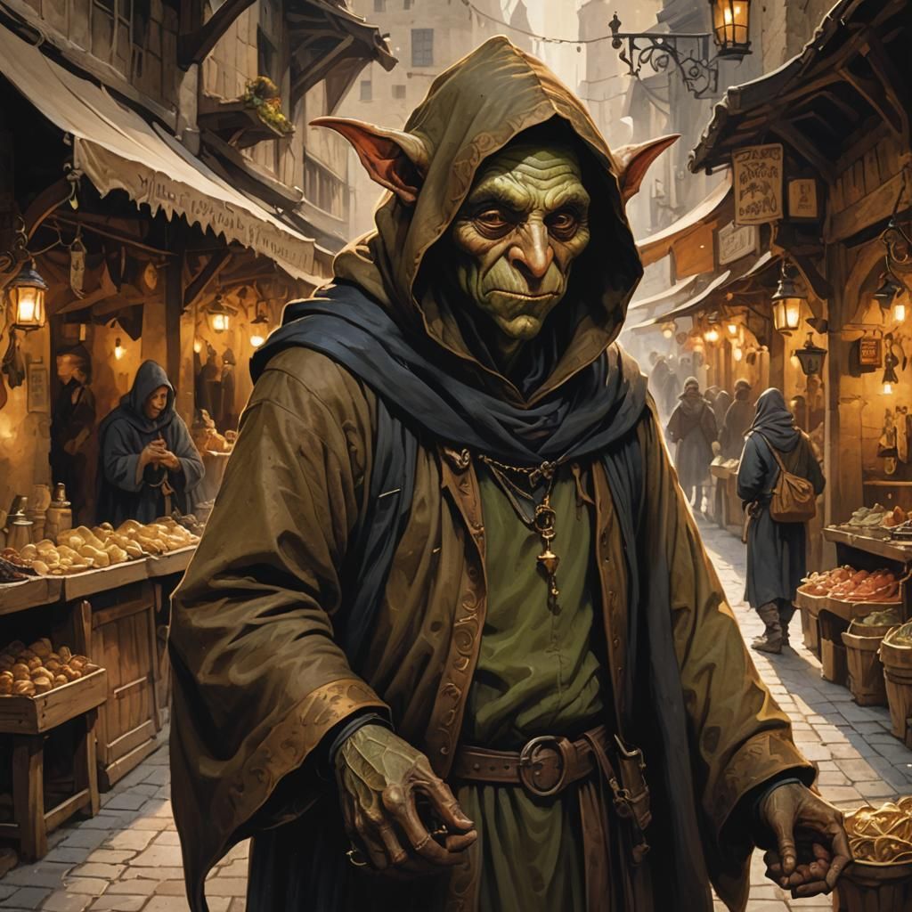 Goblin Spy Whispering Secrets in Medieval Market