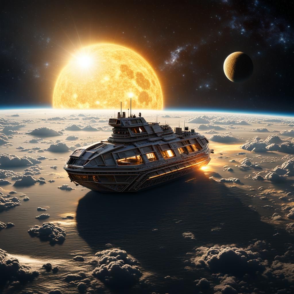 Space Boat Sails Past the Sun: Hyperrealistic Rendering