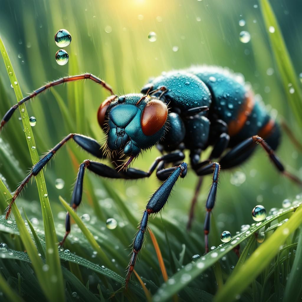 Ant's Journey: Hyperrealistic Art with Raindrops