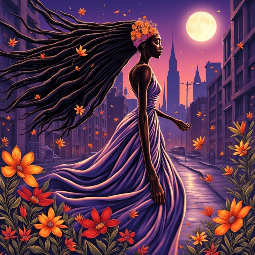 African Woman in Moonlight City with Floral Headband