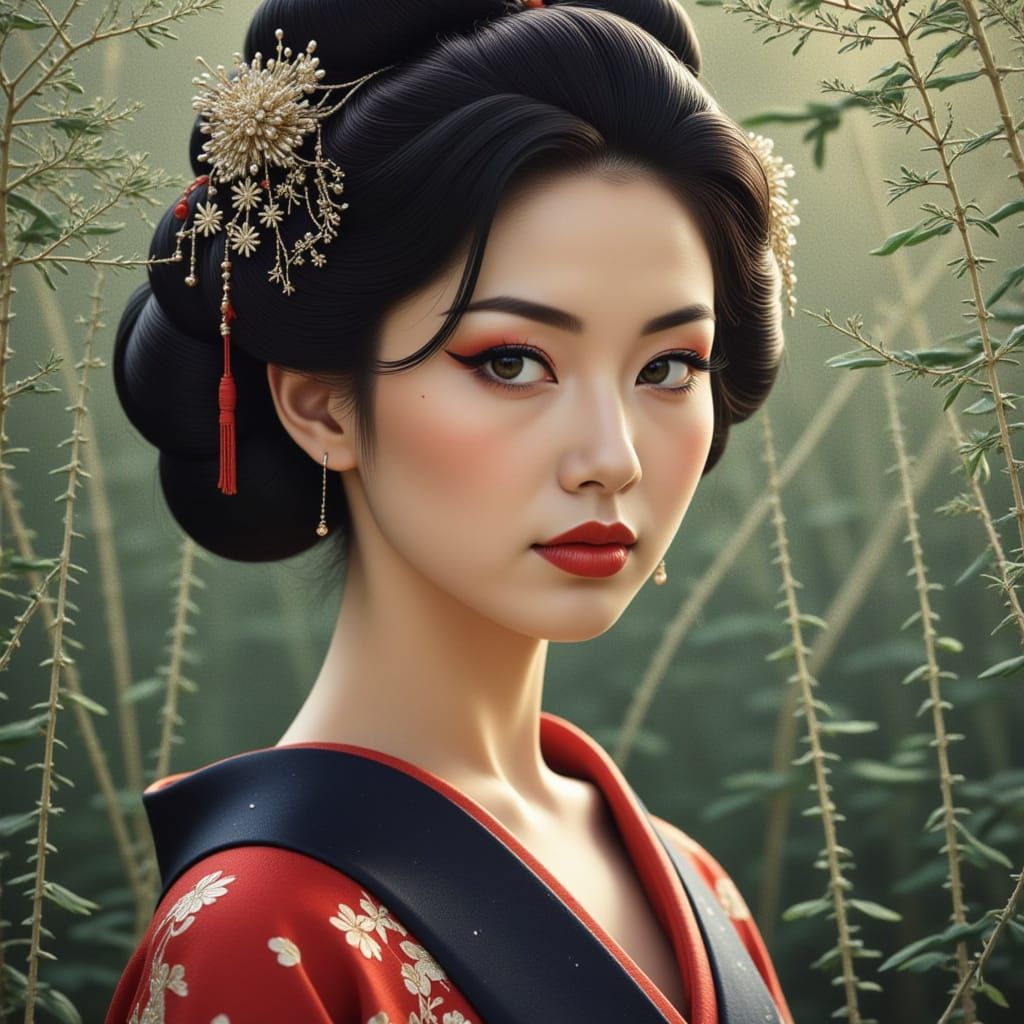 Oil Painting in the Style of Camille Pissarro and Alphonse Mucha, Oil painting a beautiful Japanese woman, 30’s dark stu...