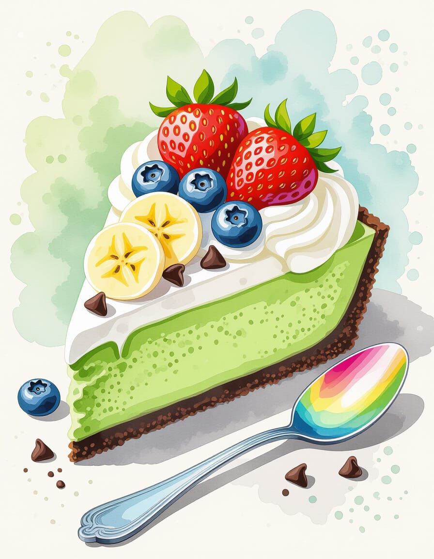 Matcha Cheesecake Slice with Watercolor Accents