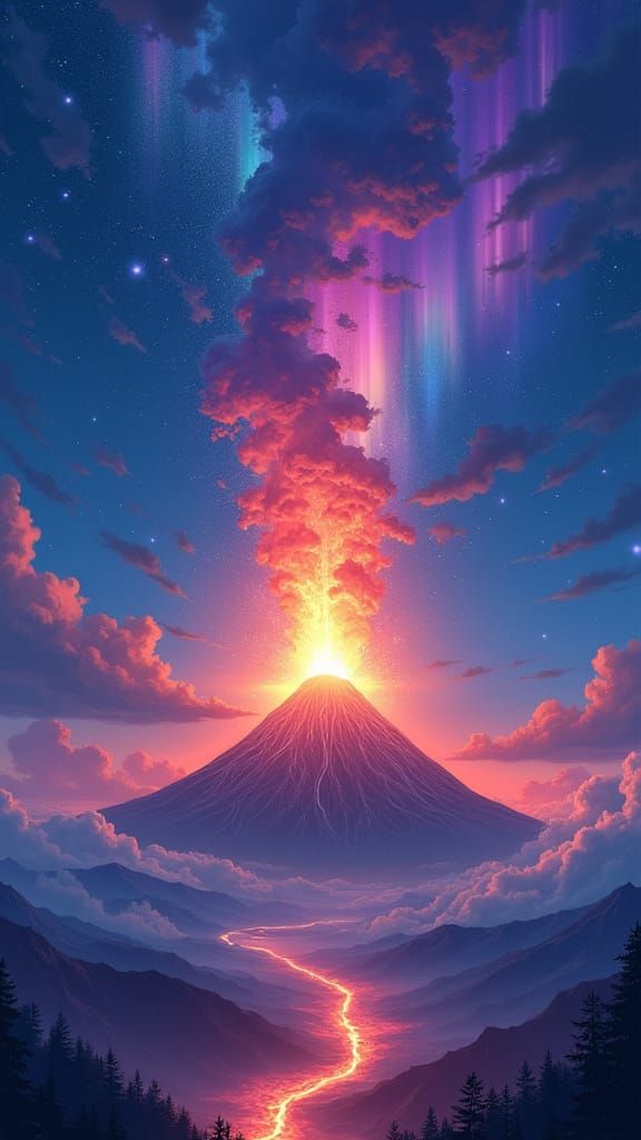 Anime-Style Volcano Eruption Under a Starry, Aurora Night Sk...