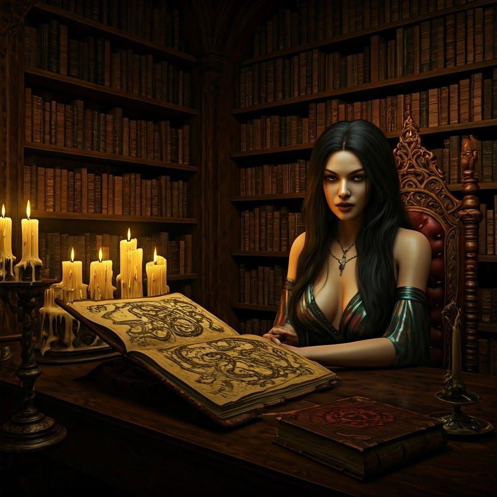 Mysterious Dark-Haired Demon Lilith in Ancient Library with ...