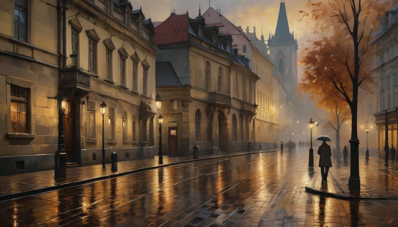 Rainy Prague Street Sunset in Oil Painting Style