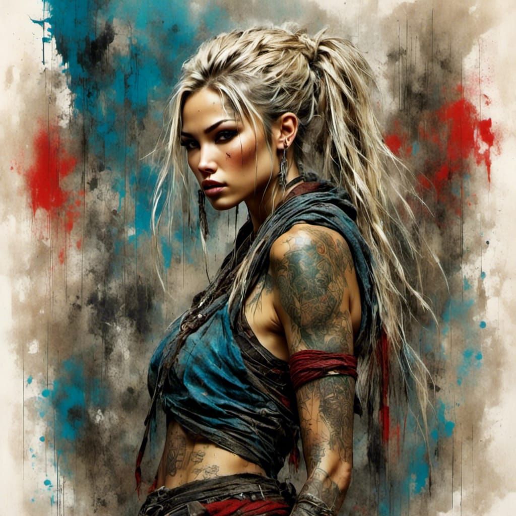 Asian Elf Warrior Woman with Sword and Tattoos