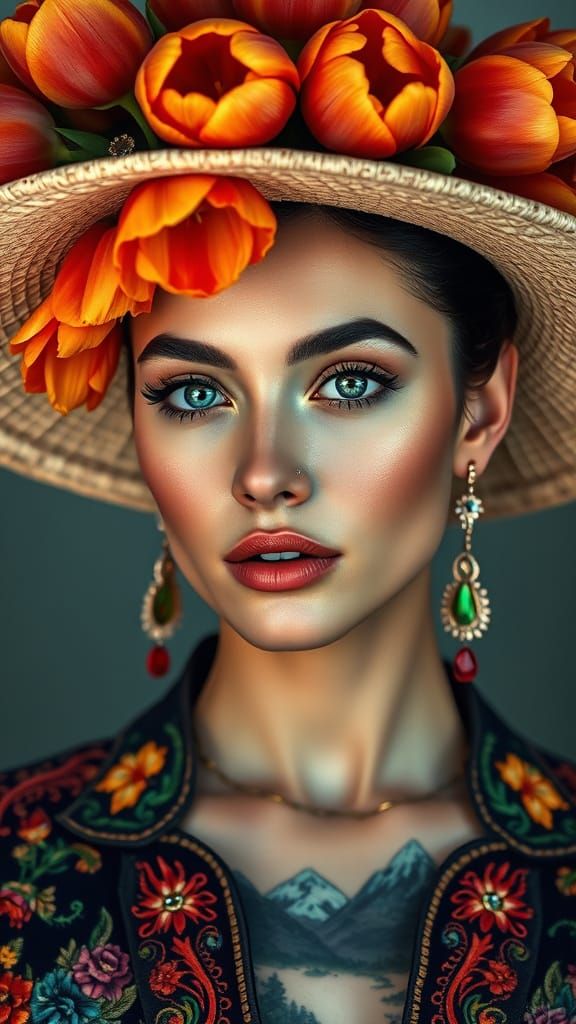 Surreal Portrait of a Woman in Opulent Attire with Vibrant T...