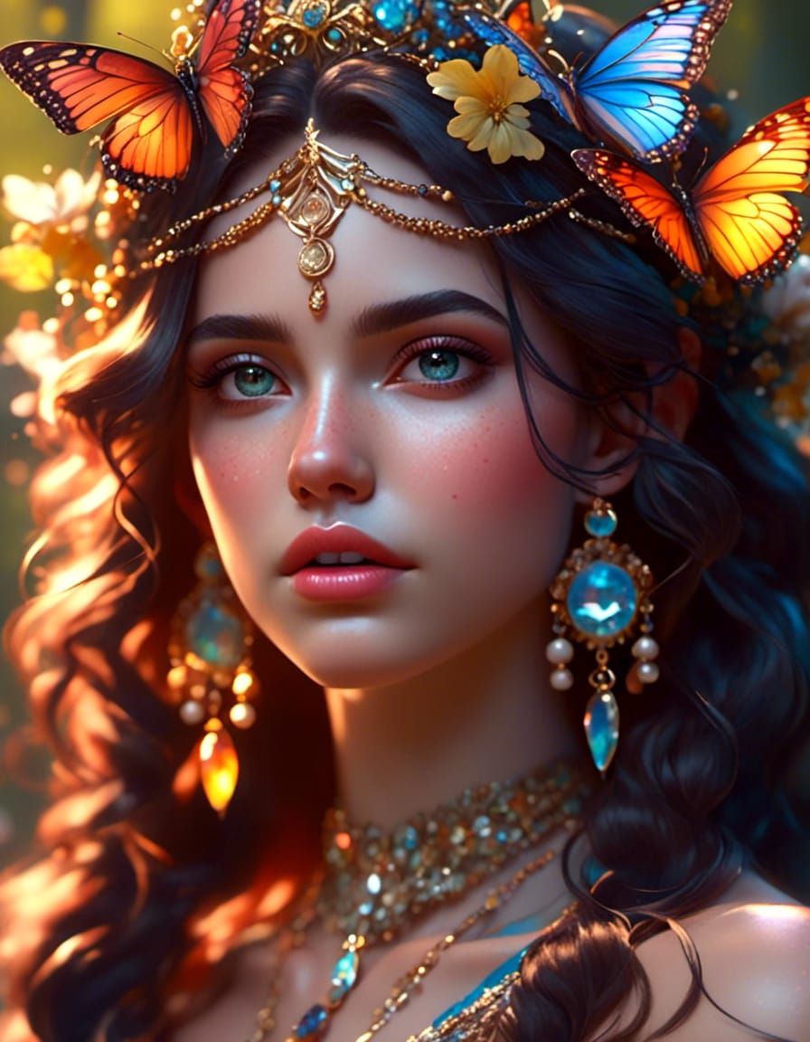 Freckled Indian Princess in Forest with Butterflies