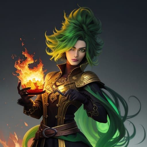 Hairdresser Styles Fiery Green Hair in Digital Matte Paintin...