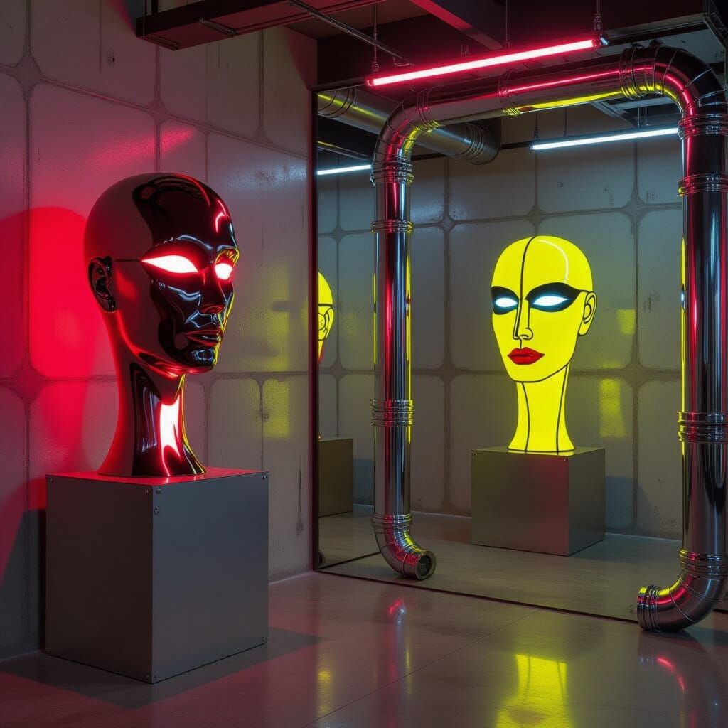 Giger & Picasso Inspired Neon Sculptures on Cement Walls