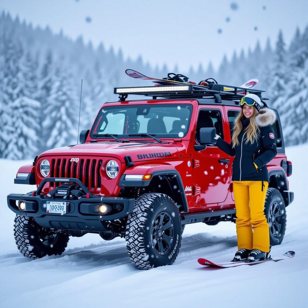 Red Jeep Wrangler with Woman in Snowy Winter Landscape