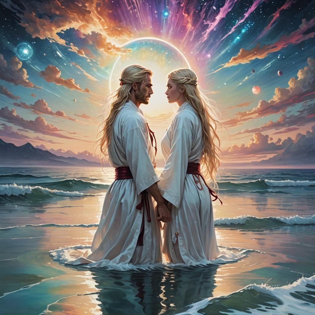 Surreal Couple Admire Cosmic Ocean in Astral Illustration