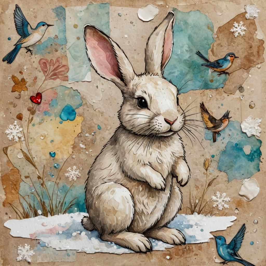Rustic Antique Bunny and Birds Art in Impasto Colors