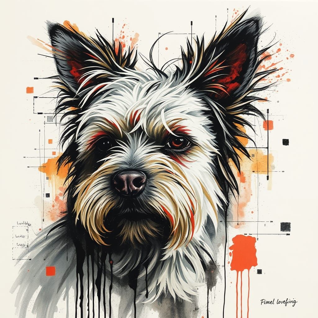 Abstract Glitchcore Portrait of a Long-Haired Sheepdog in Av...