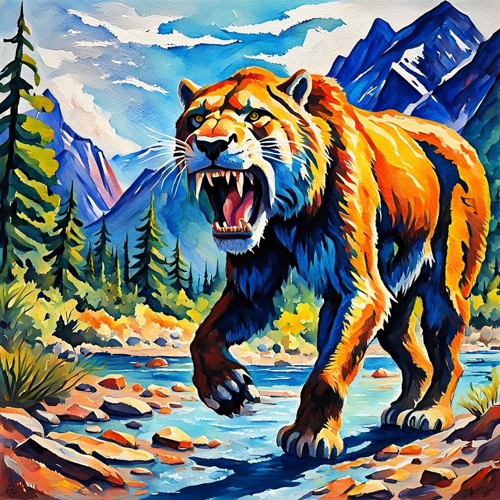 Prehistoric Saber-Tooth in Gouache Watercolor Style