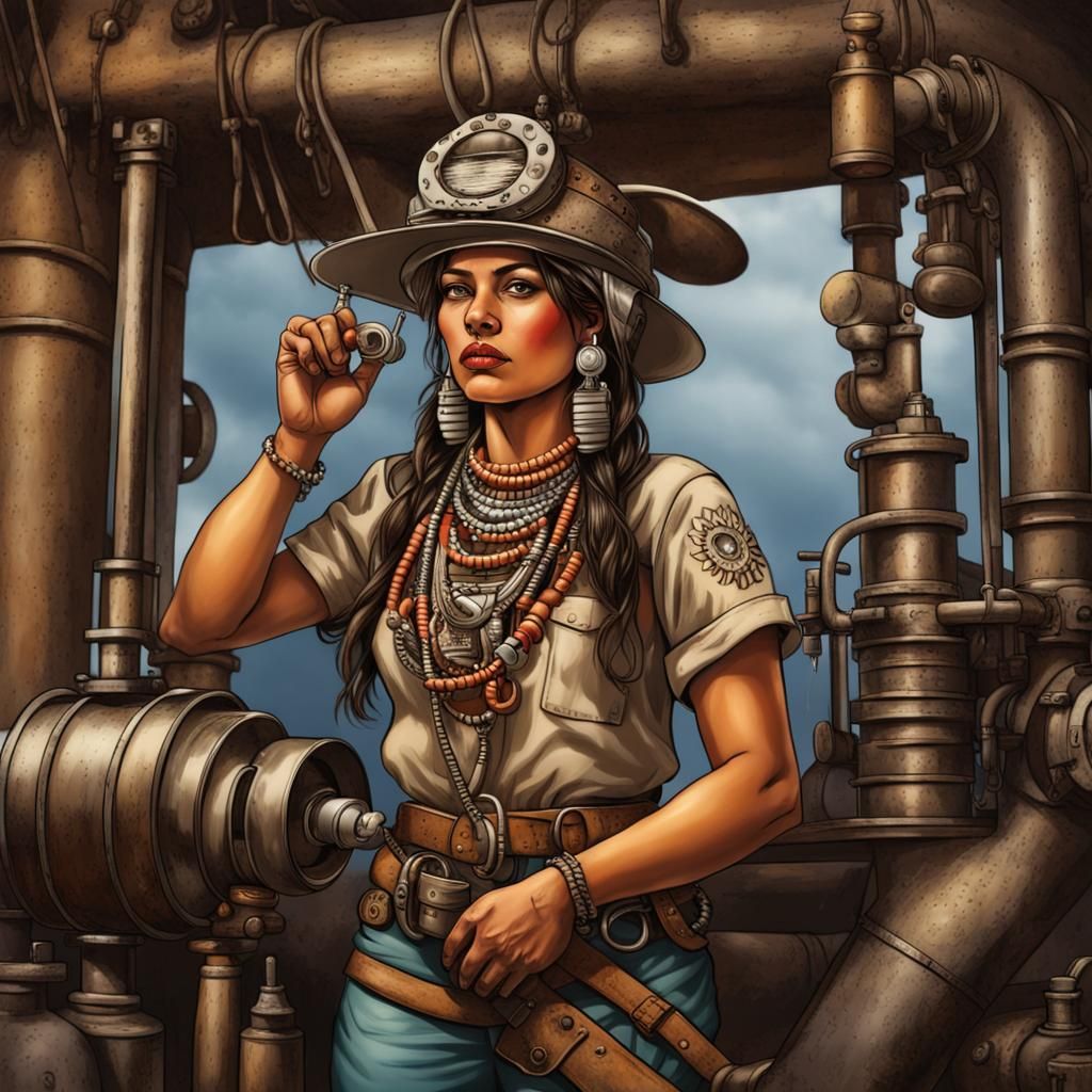 Modern Aztec Woman Working at Oil Well