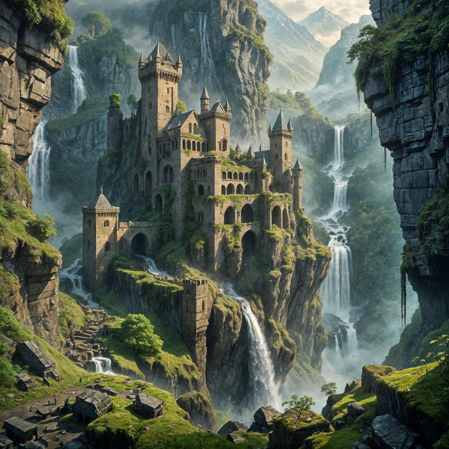 Ruined Castle with Waterfalls: Fantasy Concept Art