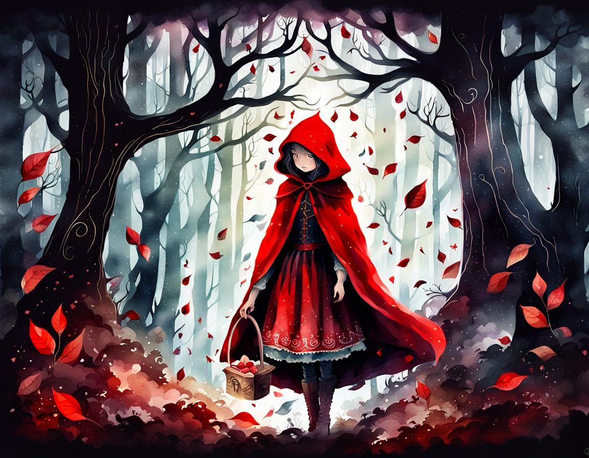 Little Red Riding Hood in Dark Watercolor Forest
