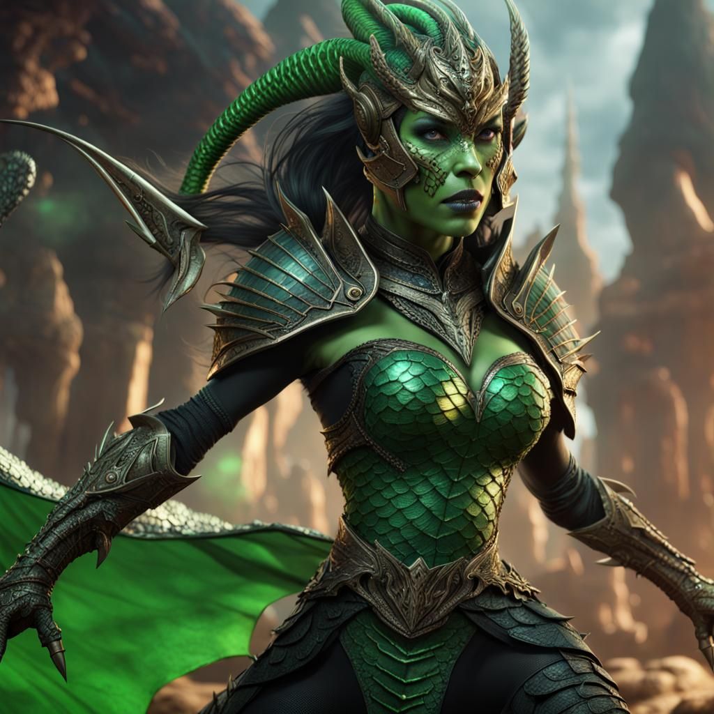 Beautiful Reptile Queen in Black Armor Concept Art