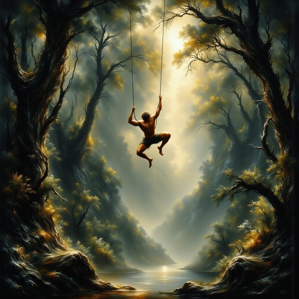 Tarzan Swinging Through Lush Jungle in Cinematic Matte Paint...