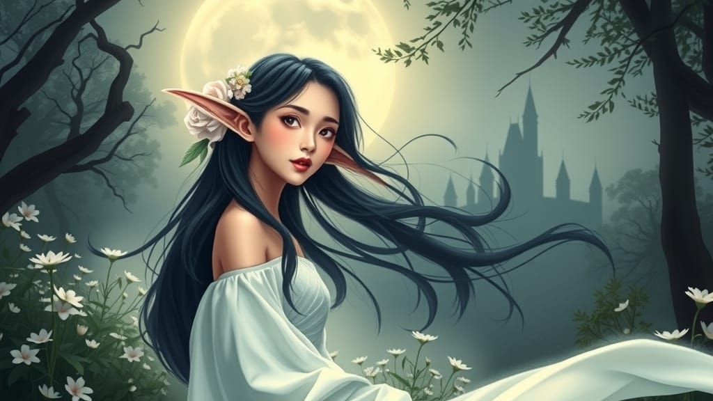 Ethereal Asian Elf Princess Under Moonlit Canopy