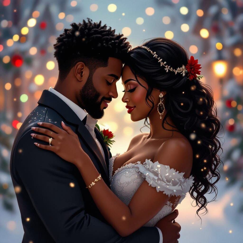 Romantic Black Couple Embracing in Festive Christmas Portrai...