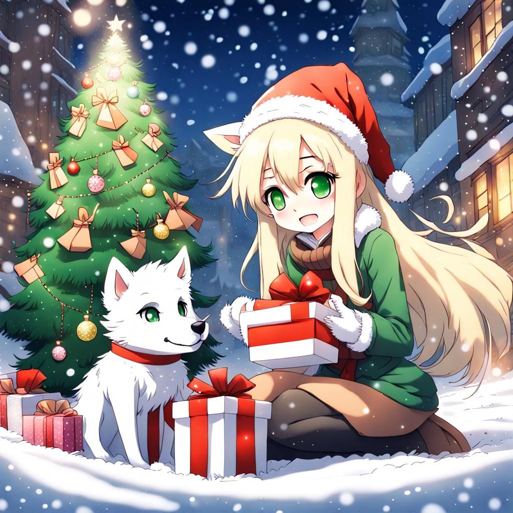 Magical Christmas Scene with Wolf and Woman in Anime Style