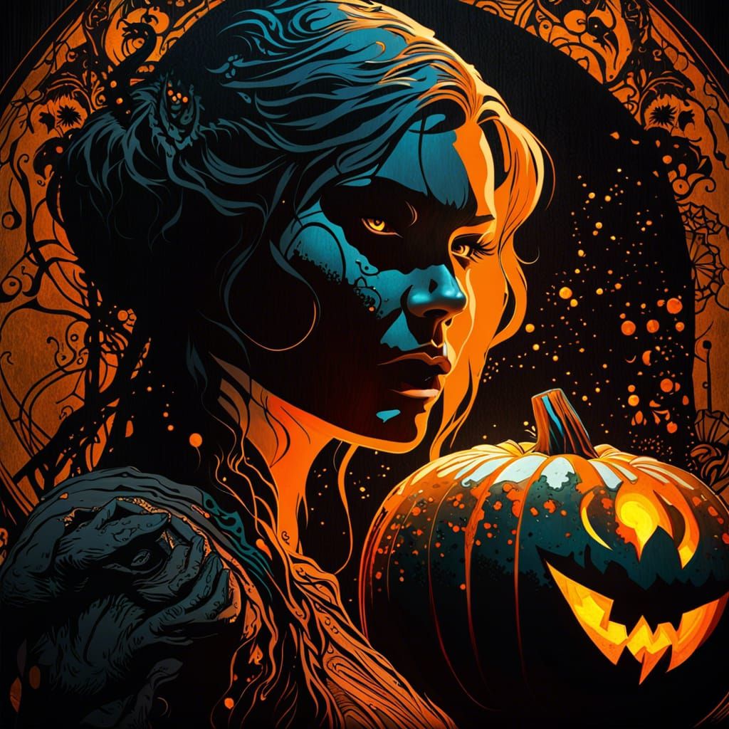 Gothic Pumpkin Carving with Giant Beast Silhouette