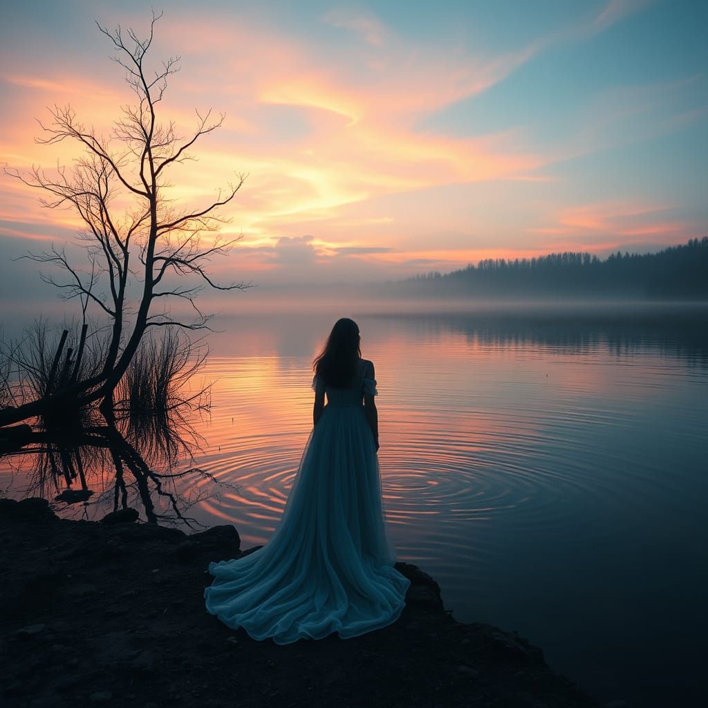 Ethereal Sunset Lake Scene in a Dreamlike Atmosphere