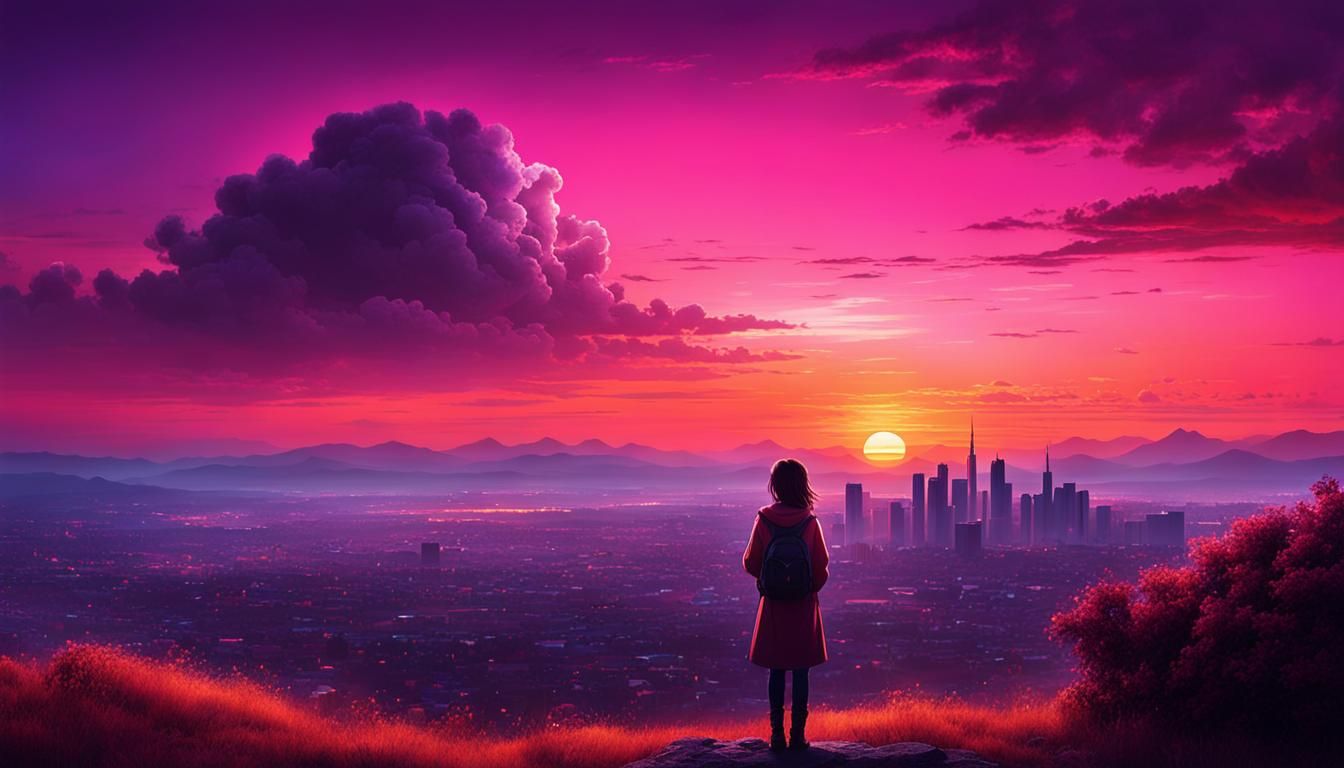 Anime Woman Gazing at Colorful Sunset